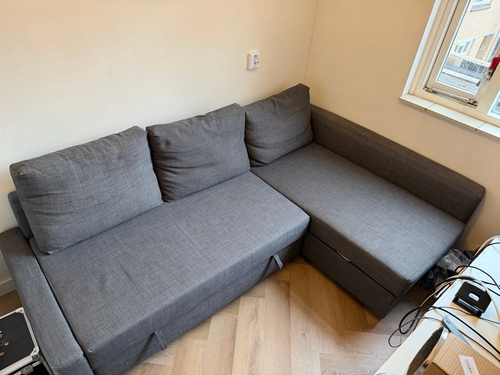 Ikea Friheten hoekbank met opbergruimte - Grijs, Huis en Inrichting, Ophalen, Gebruikt, Hoekbank, 200 tot 250 cm