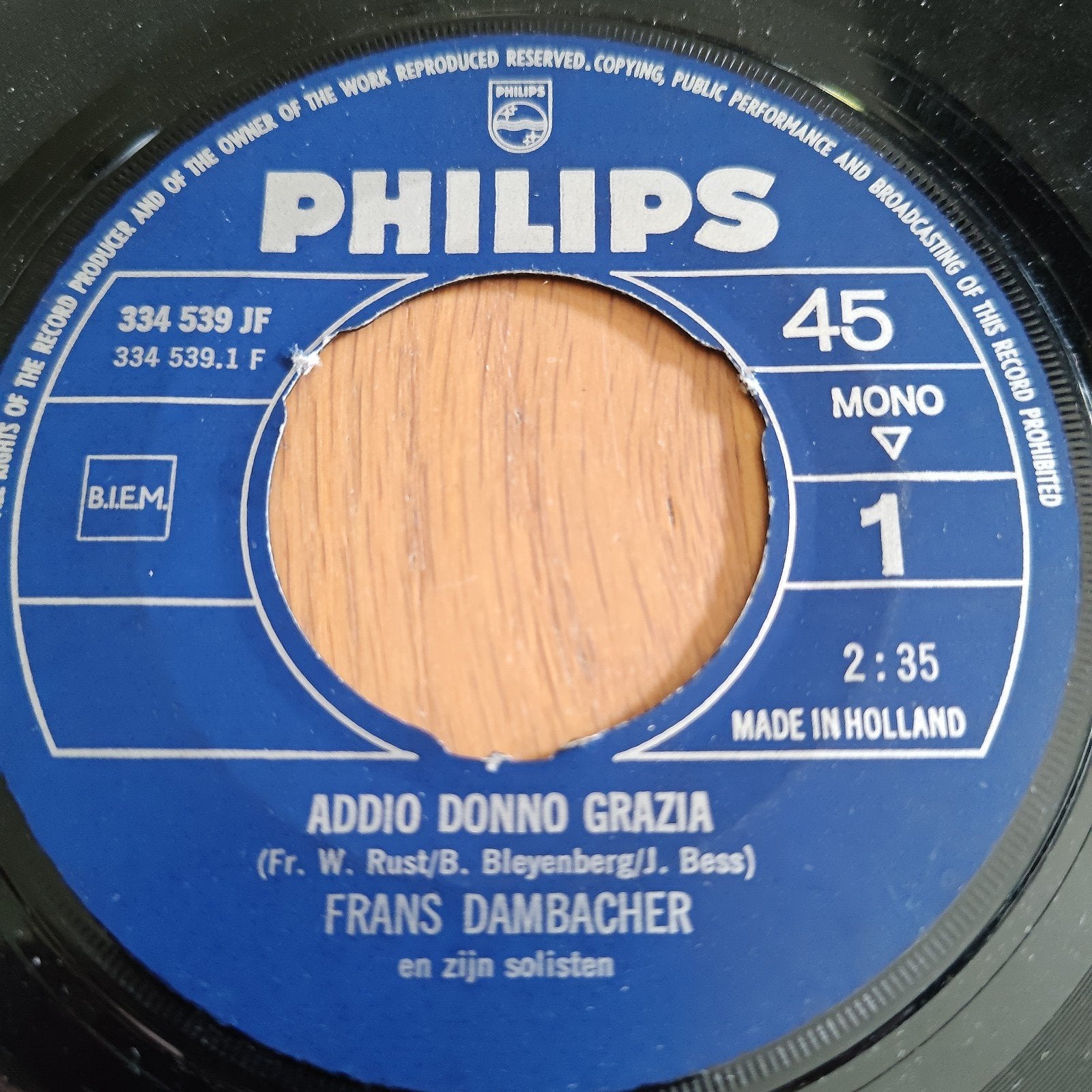 Frans Dambacher - Addio Donno Grazia (Philips 45 toeren), Gebruikt, 7 inch, EP, Schlager
