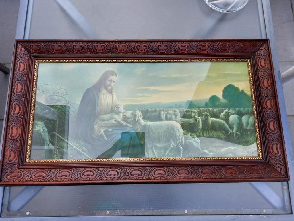 Antieke religieuze prent 'De Goede Herder' in houten lijst, Antiek en Kunst, Antiek | Religie, Ophalen