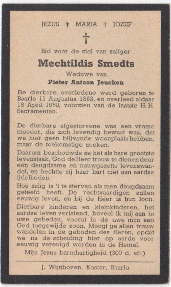 Mechtildis Smedts 1863 Baarlo + 1950 Baarlo, 86 jaar oud, Verzenden