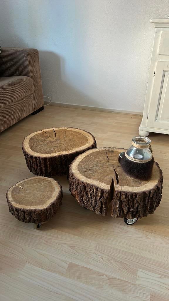 3 bijzettafels van boomstam, Ophalen, Gebruikt, Rond, Hout