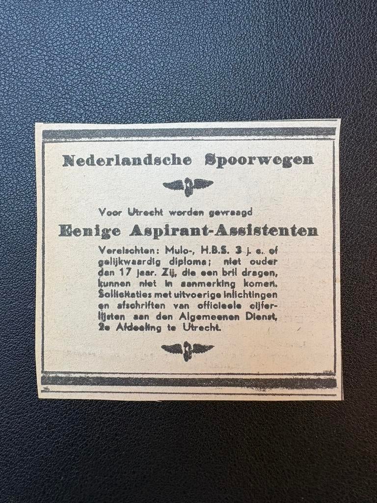 Oude vacature NS ‘Eenige aspirant-assistenten’ (1946), Verzamelen, Ophalen of Verzenden, Gebruikt, Trein