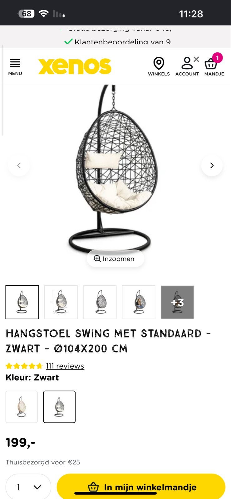 Stijlvolle zwarte hangstoel met standaard en kussens, Ophalen, Zwart, Zo goed als nieuw, Metaal