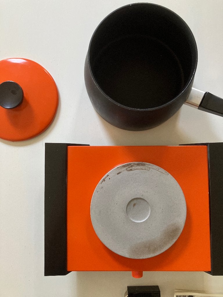 Oranje fondue set, retro, Witgoed en Apparatuur, Fonduesets, Ophalen of Verzenden, Gebruikt, Elektrisch, Fondueset