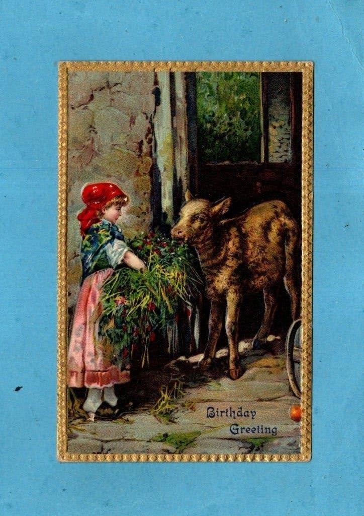 Pracht oude Birthday-kaart/reliéf W370 - Meisje met lkalfje, Ophalen of Verzenden, Voor 1920, Ongelopen, Kinderen