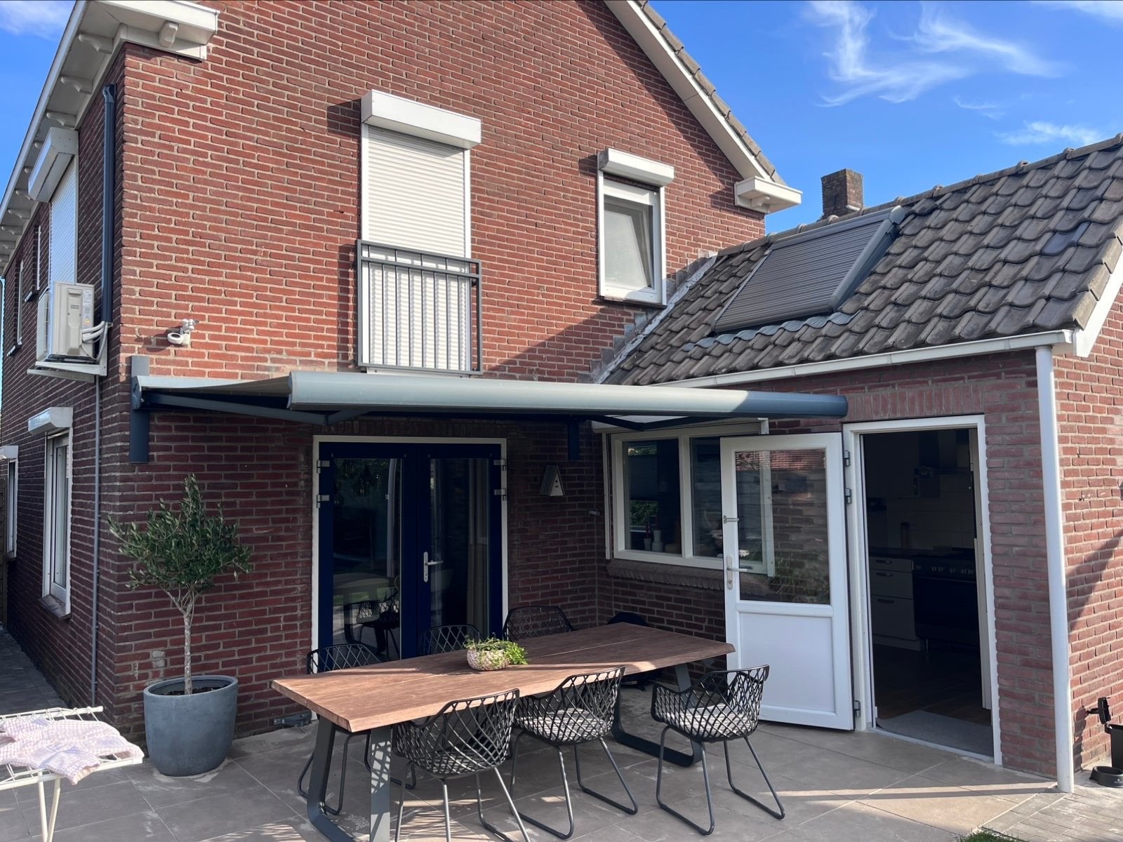 Antraciet knikarmscherm 3,77 breed, Ophalen, Elektrisch, Zo goed als nieuw, 150 tot 300 cm