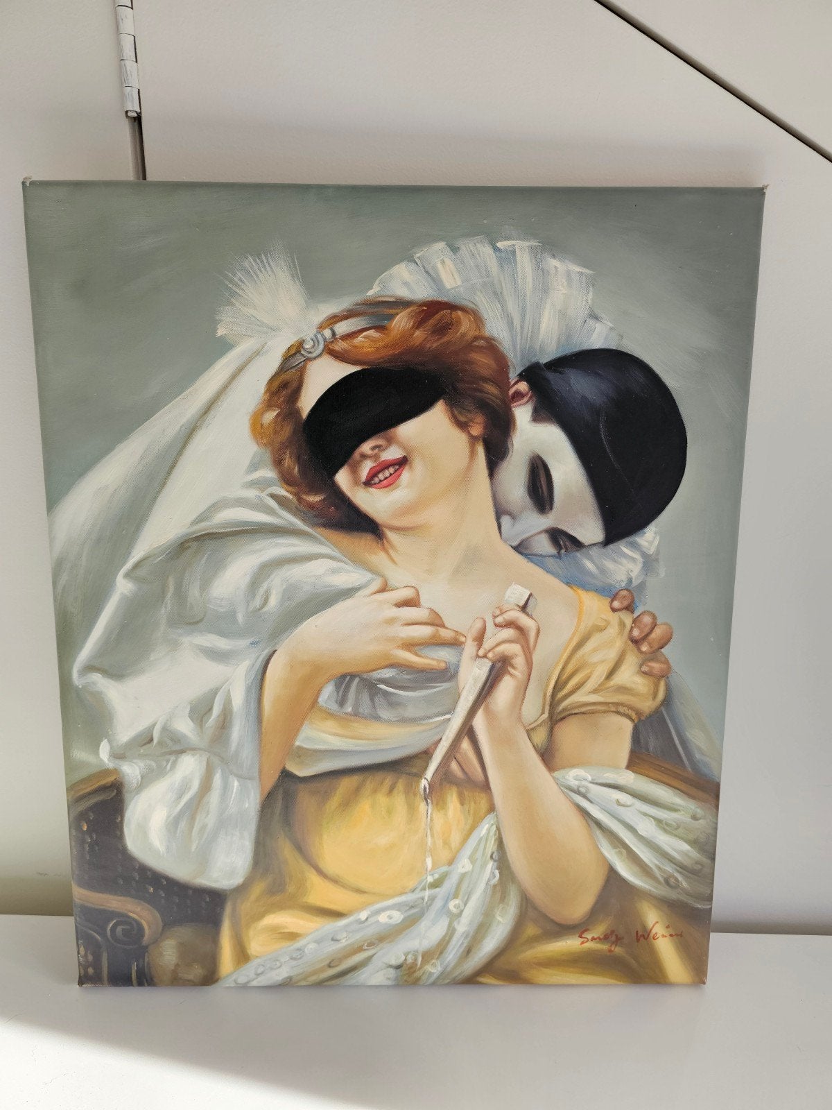 Pierrot's Embrace - Romantisch schilderij 50x60 cm, Ophalen of Verzenden