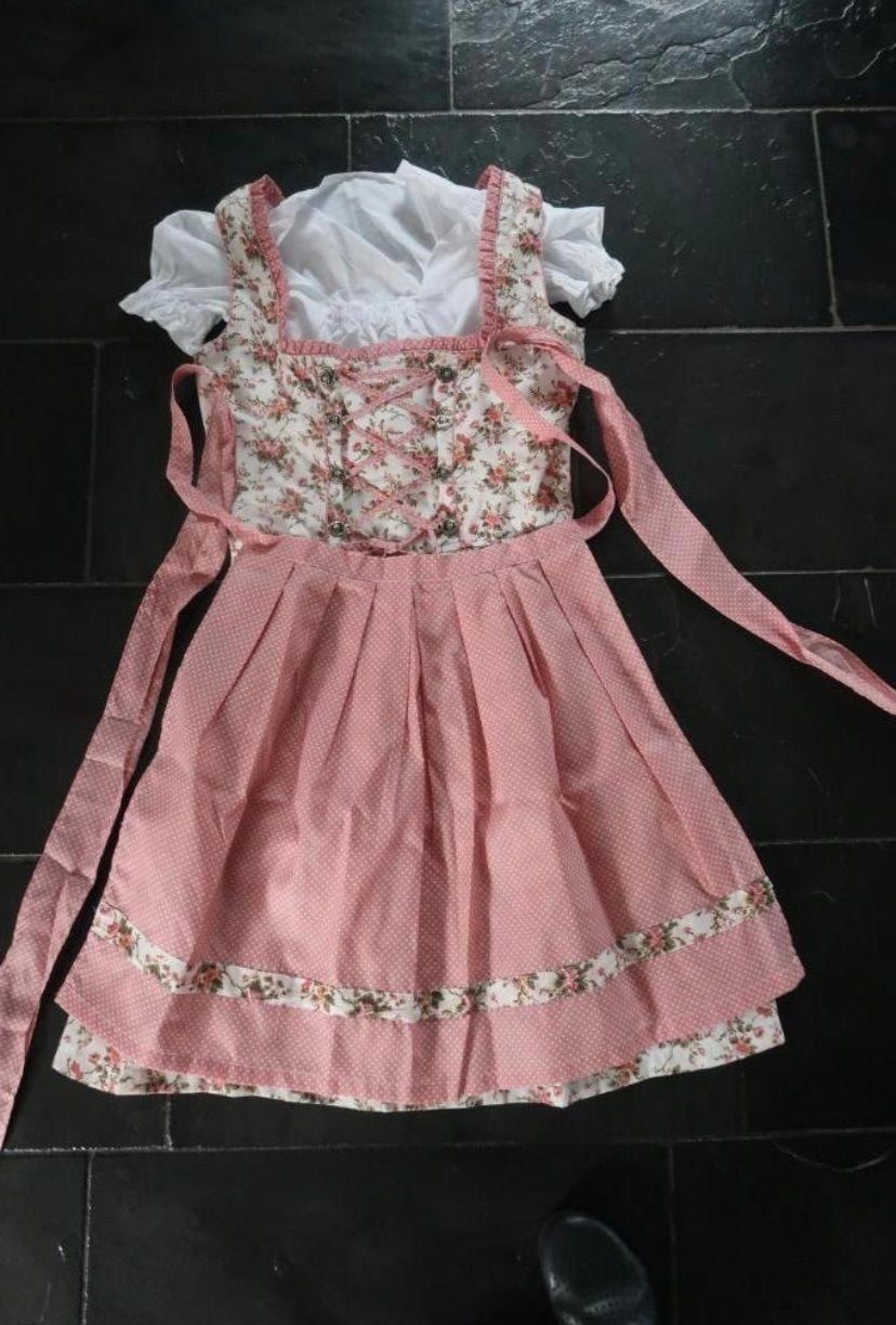 Dirndl Jurk Oktoberfest Maat 42 44 Roze Bloemenprint, Maat 42/44 (L), Ophalen of Verzenden, Zo goed als nieuw, Knielengte
