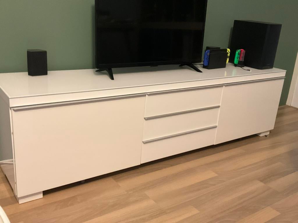 Witte tv-meubel met lades en deuren, Huis en Inrichting, Ophalen, Kunststof, Gebruikt, 150 tot 200 cm