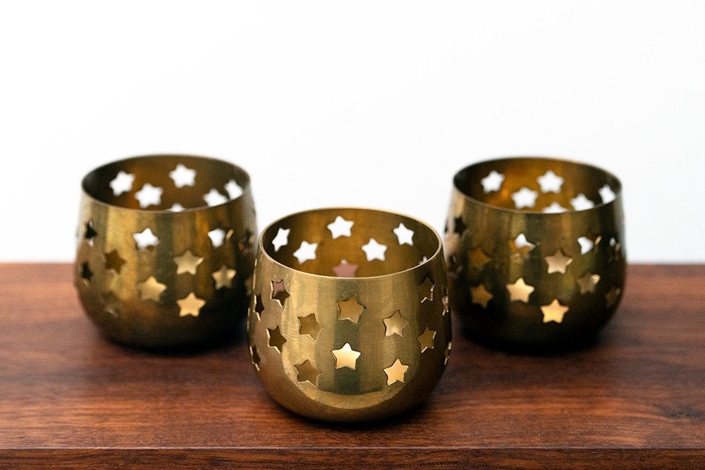 Vintage windlichtjes met sterren / messing, Ophalen of Verzenden, Goud, Metaal