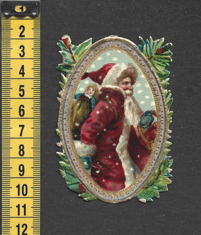Kerstman met pop met goud antiek poezieplaatje (736), Ophalen of Verzenden