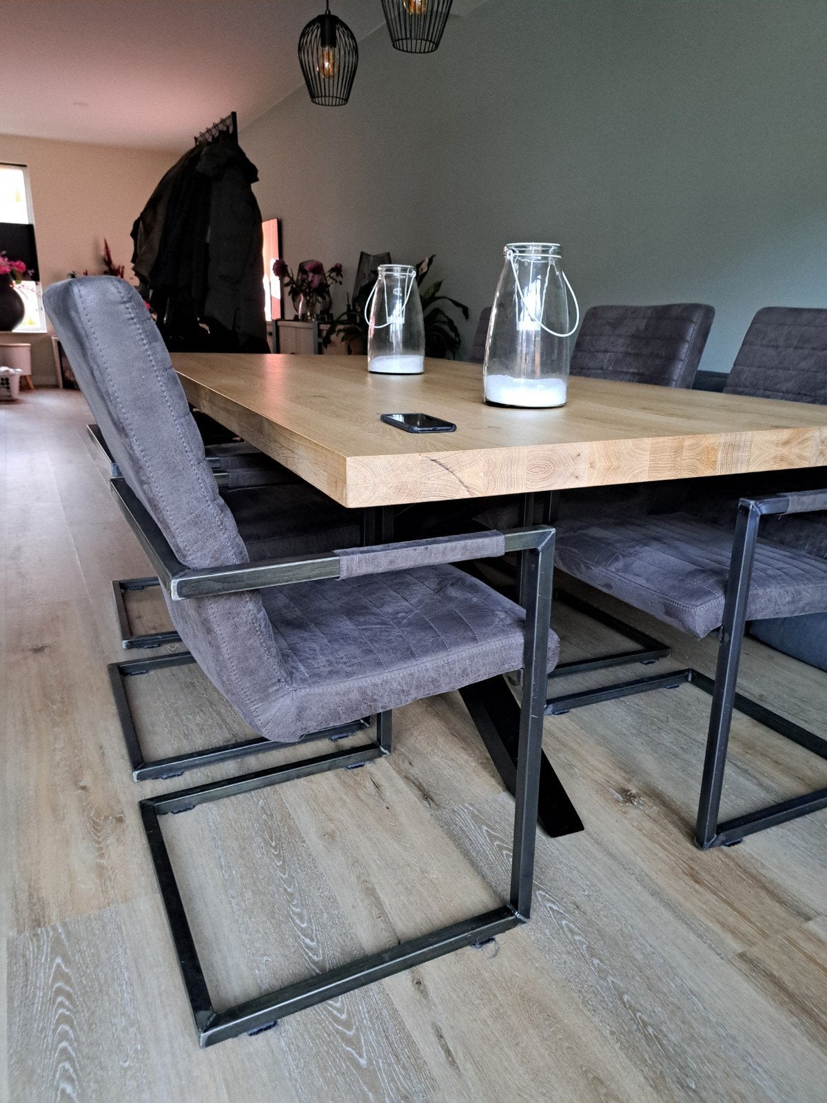 6 Industriële Antraciet Eetkamerstoelen, Ophalen, Gebruikt, Stof, Grijs