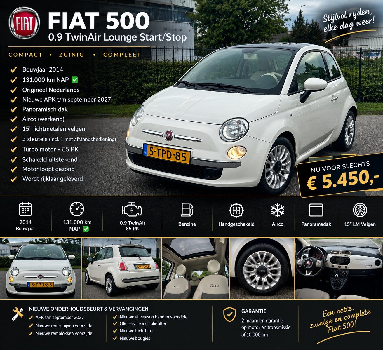 ✅Fiat 500 85pk Twinair Turbo 2014 Rijklaar! NAP✅, Auto's, Voorwielaandrijving, Stof, 31 €/maand, Bedrijf