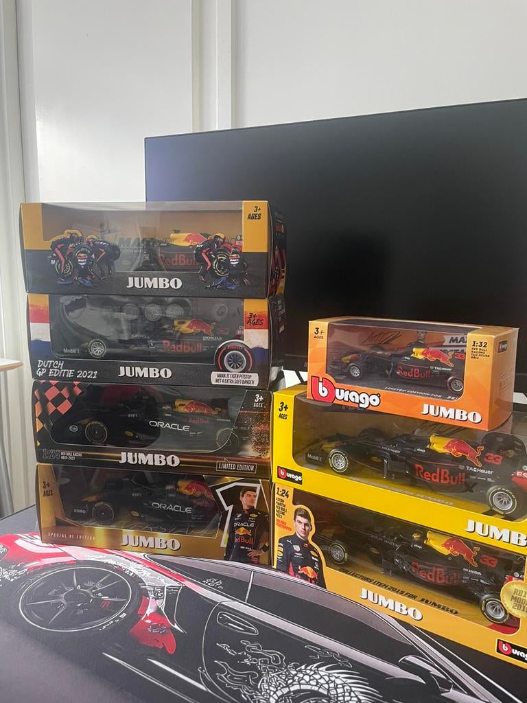 Max Verstappen Jumbo raceauto’s 2017 t/m 2023 – complete set, Ophalen of Verzenden, Nieuw, Auto, Bburago