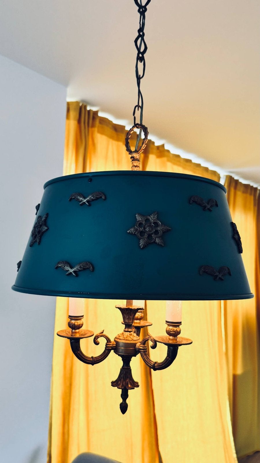 Antieke Vintage Franse kroonluchter met groen metalen kap, Antiek en Kunst, Antiek | Lampen, Ophalen of Verzenden