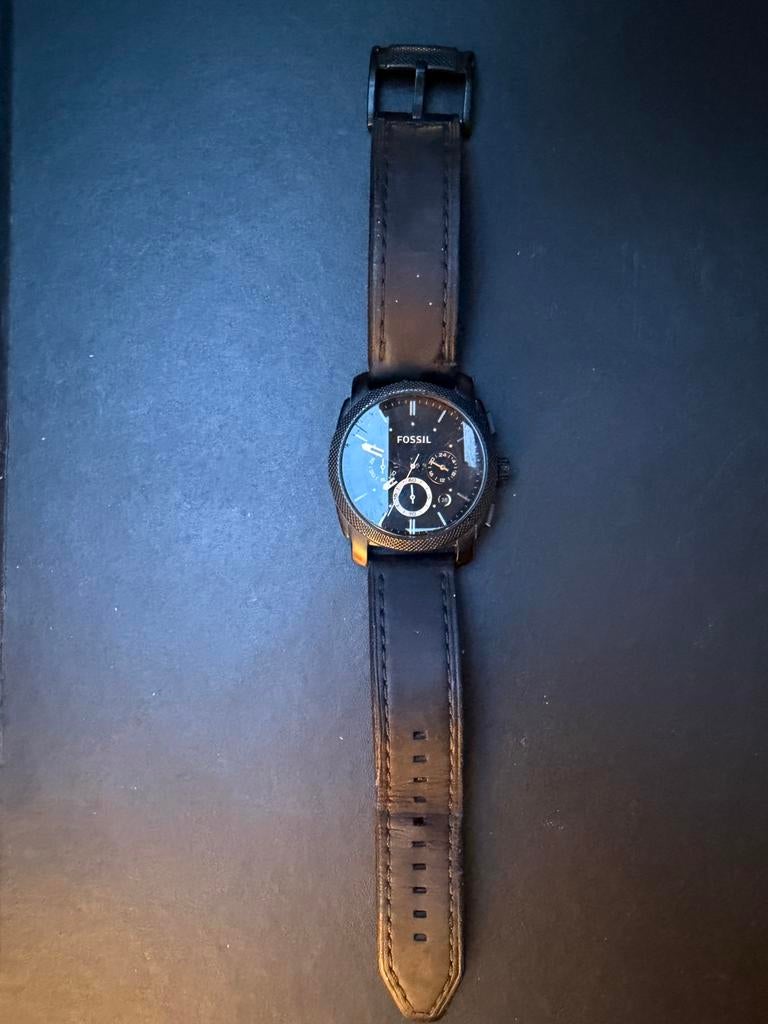 Fossil herenhorloge chronograaf – werkt niet (batterij leeg), Overige merken, Staal, Ophalen of Verzenden, Leer