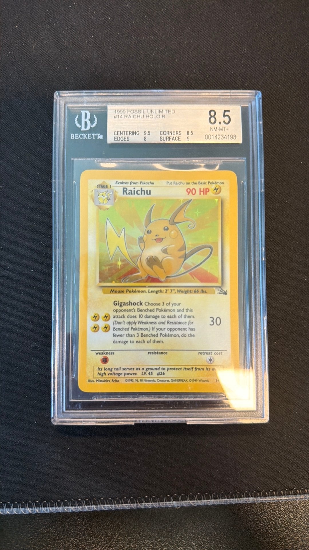 Raichu Holo #14 Beckett 8.5, Ophalen of Verzenden, Zo goed als nieuw