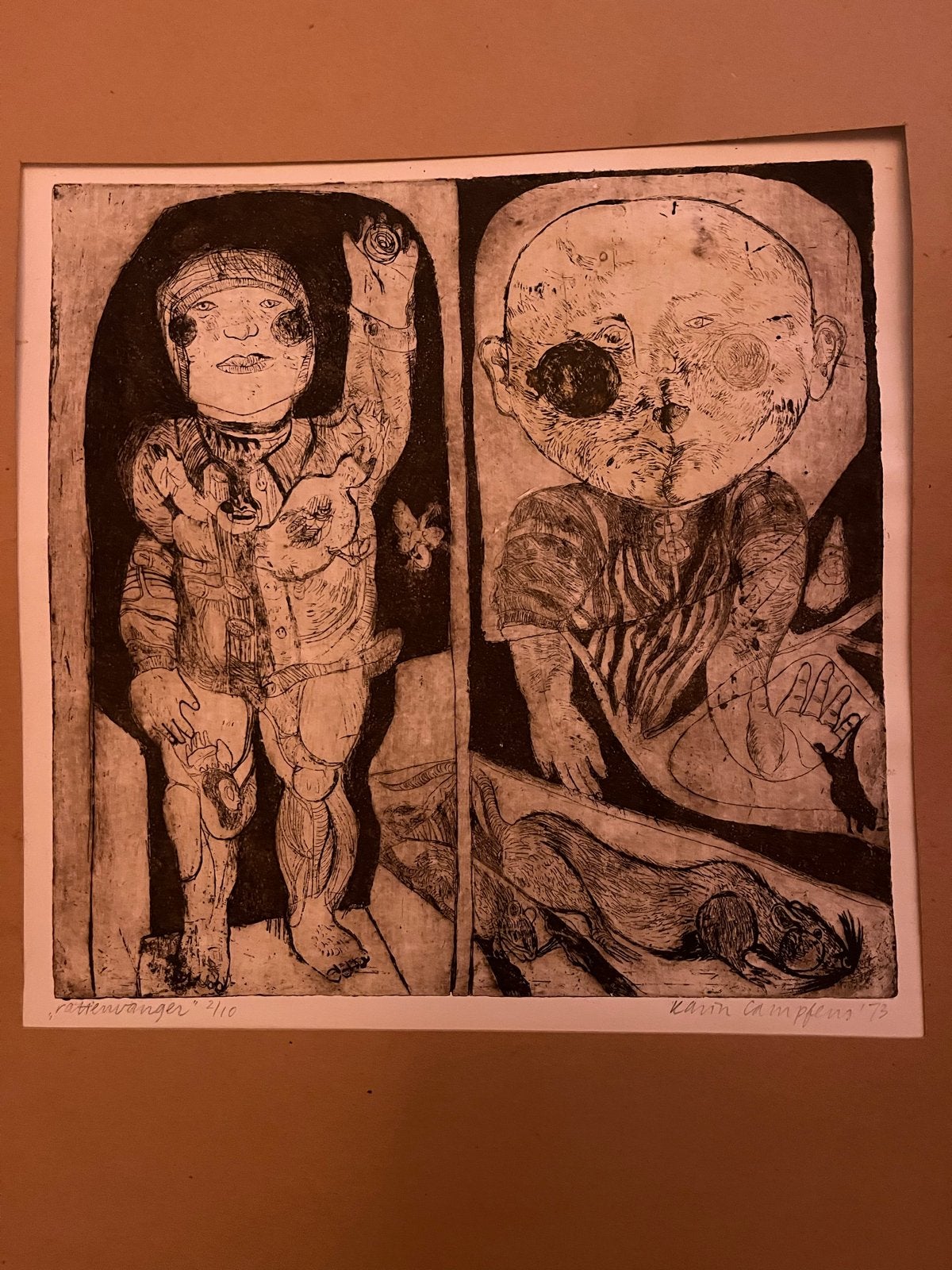 Handgesigneerde ets van Karin Campfens, 'Rattenvanger', Antiek en Kunst, Ophalen, Dagelijks leven, Gesigneerd, 1950 - 1999