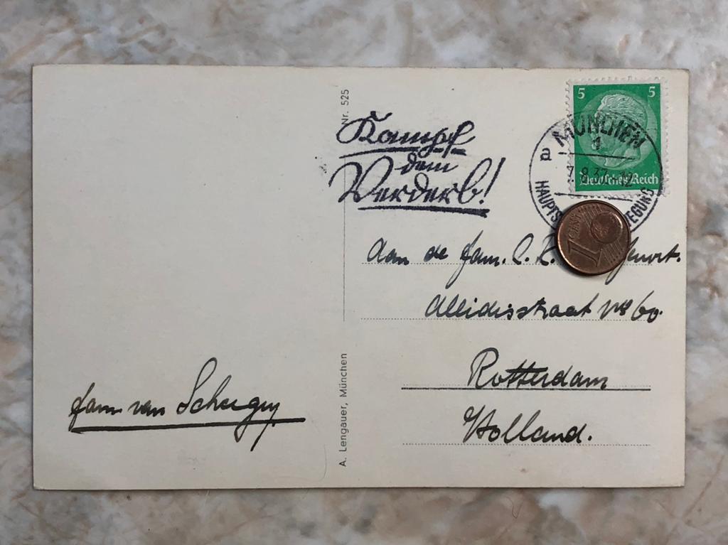 Postkaart, gestempeld München 7.8.37. Naar Rotterdam., Postzegels en Munten, Verzenden, Briefkaart
