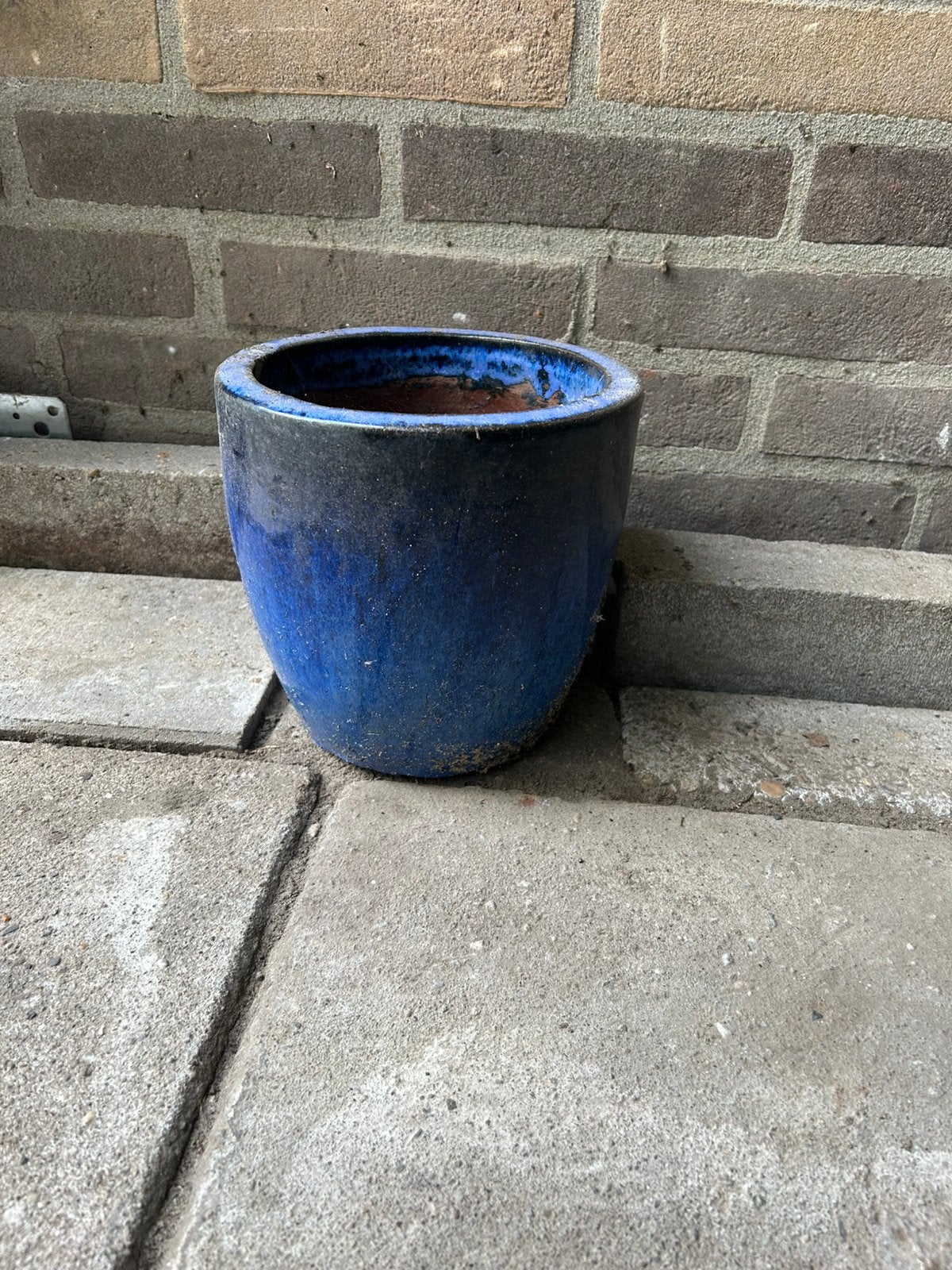 Blauwe geglazuurde binnen pot, Tuin en Terras, Ophalen, Rond, Binnen, Zo goed als nieuw
