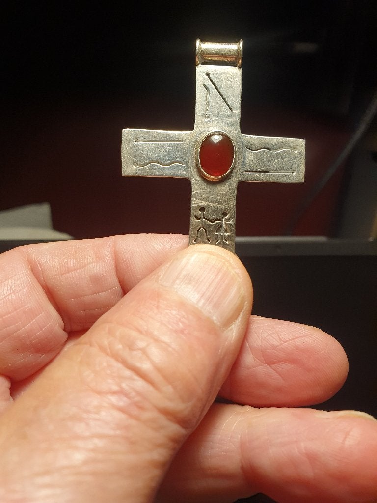 Mooi Antiek zilver kruis gekeurd 925 met grote robijn, Verzenden, Zo goed als nieuw, Zilver, Zilver