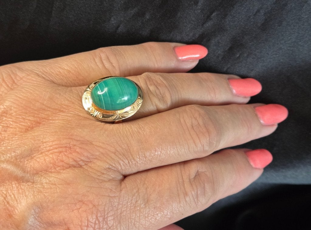 Vintage ring met edelsteen malachiet. 2026/595, Sieraden, Tassen en Uiterlijk, Ringen, ., Ophalen of Verzenden, Zo goed als nieuw