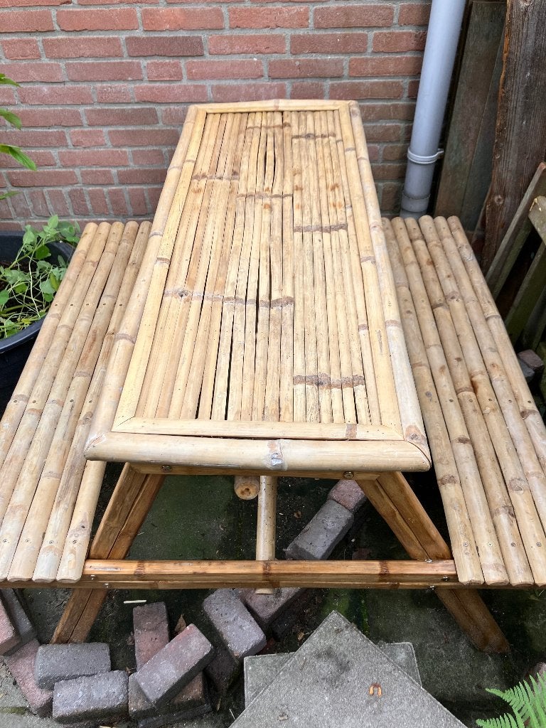 Picknicktafel bamboe, Tuin en Terras, Picknicktafels, Ophalen, Gebruikt, Vierkant, Overige materialen