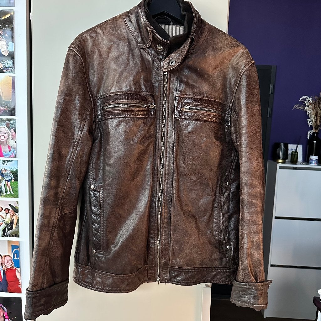 Echt leren motor / biker jas bruin heren maat S / kleine M, Bruin, Vintage, Ophalen of Verzenden, Gedragen
