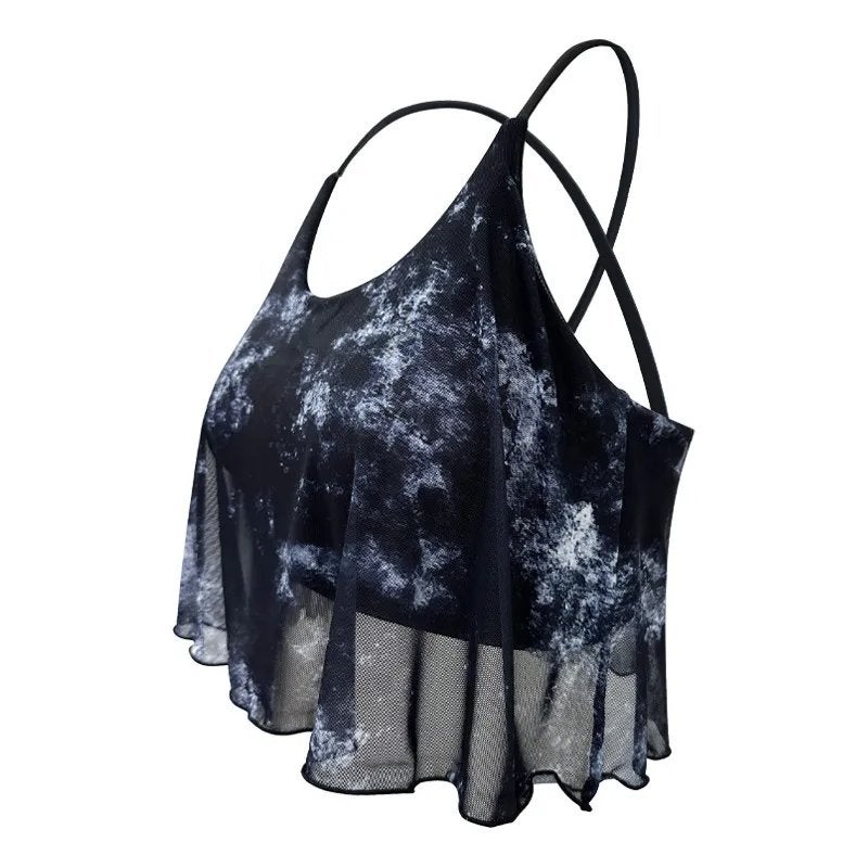 Zwart-wit tie-dye sporttopje met mesh overlay, Dshe, Verzenden, Zwart
