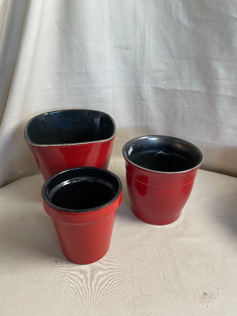 3 vintage rode aardewerken bloempotten jaren 80, Gebruikt, Rond, Binnen, Ophalen of Verzenden