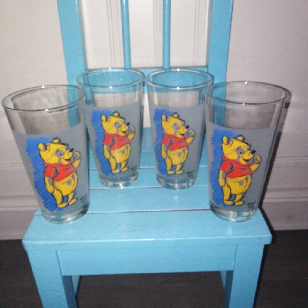 Winnie de Poeh hoge limonade glazen 4 stuks, Verzamelen, Disney, Ophalen, Winnie de Poeh of vrienden, Zo goed als nieuw, Servies