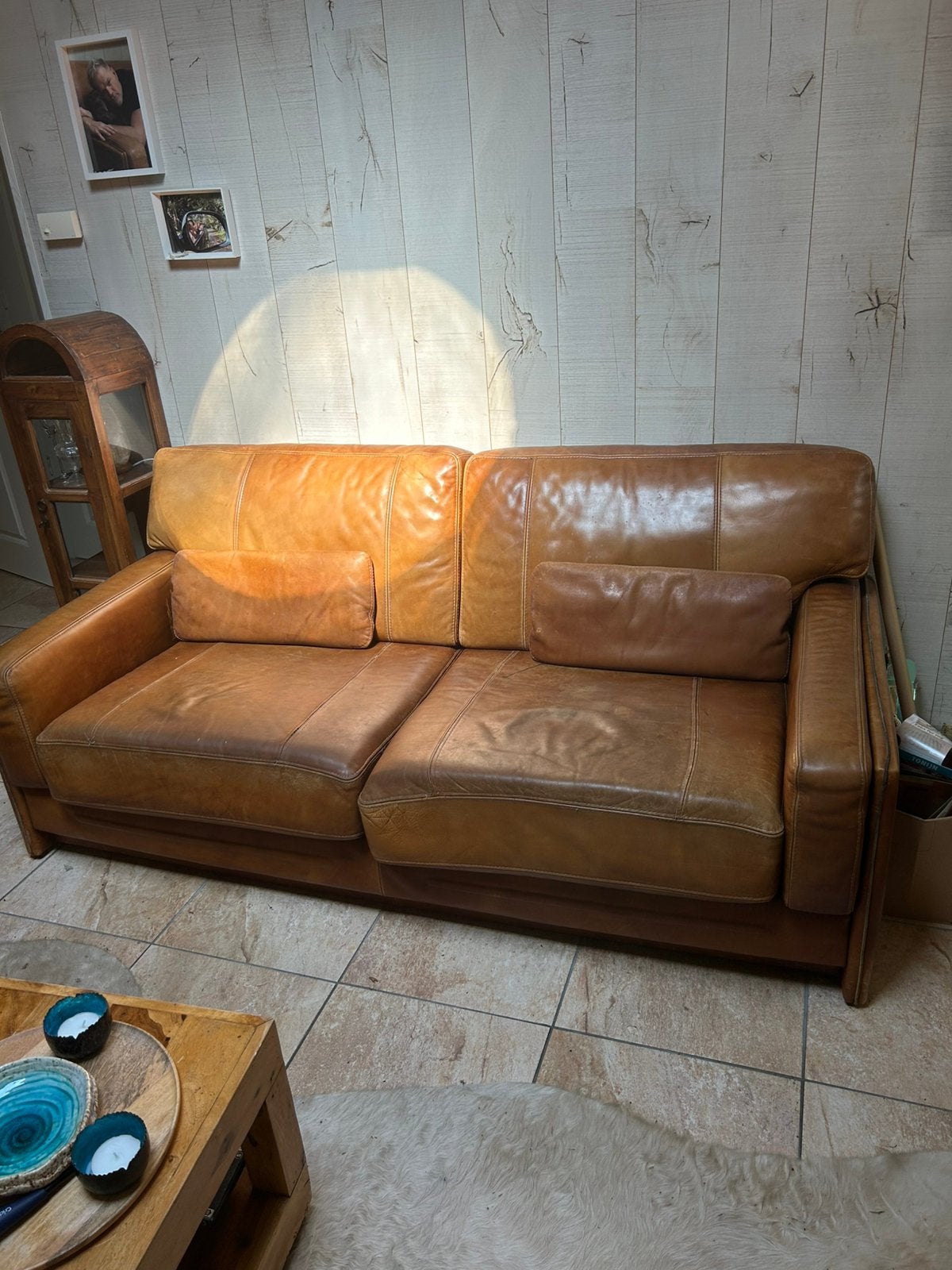 Vintage leren bankstel 3 , 2 en 1 zits, Huis en Inrichting, Banken | Bankstellen, Gebruikt, Verzenden, 150 tot 200 cm, Rechte bank