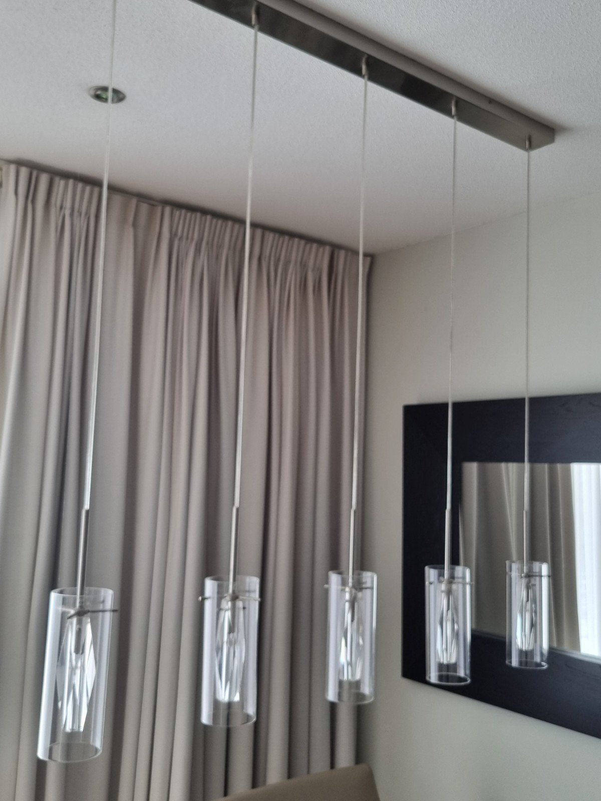 Moderne hanglamp 115cm breed met 5 glazen cilinders, Ophalen, Modern, Elegant, Overige fittingen, Zo goed als nieuw