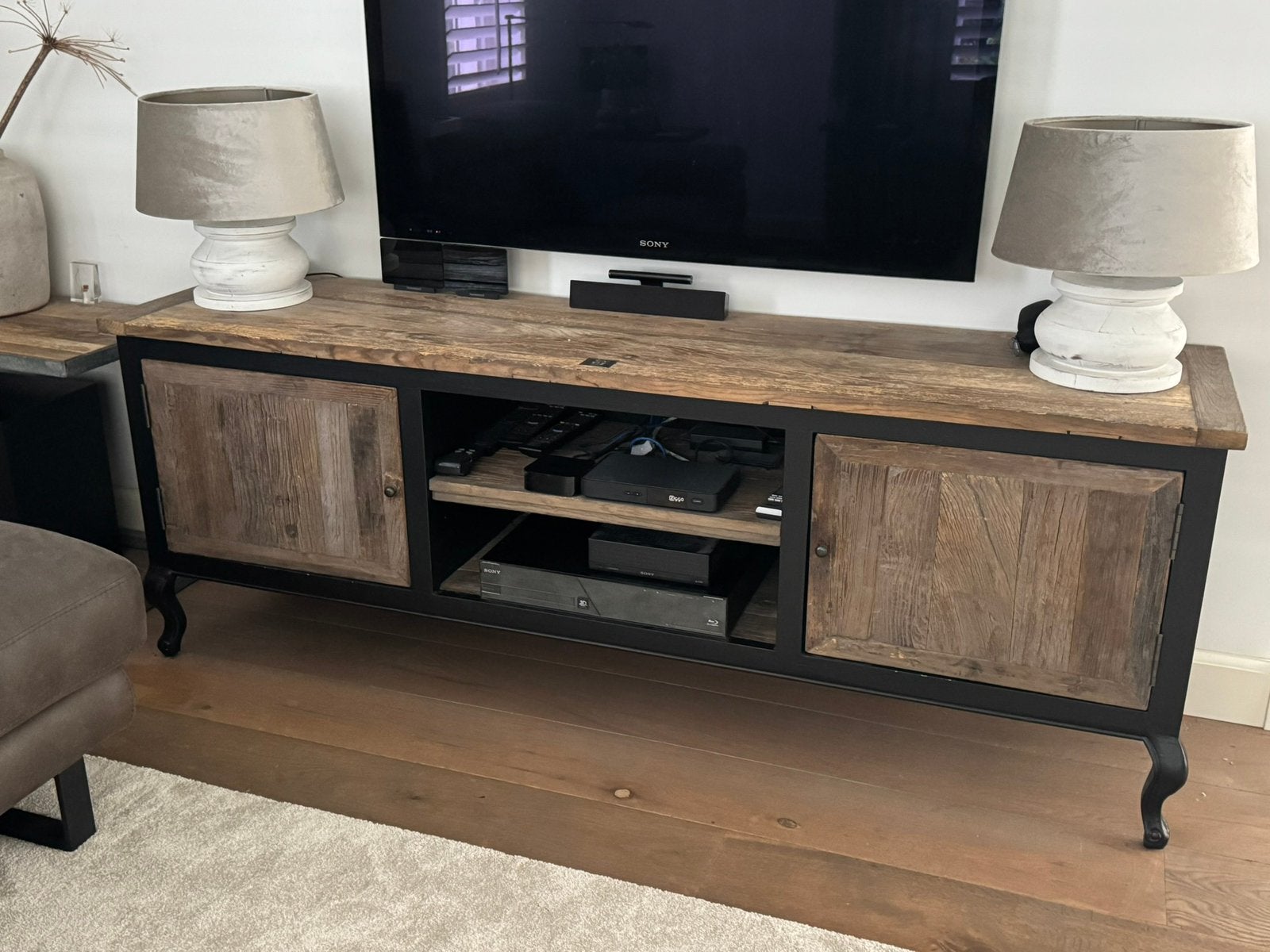 Riviera Maison TV meubel driftwood zwart/hout 180/45/65 cm, Ophalen, 150 tot 200 cm, Zo goed als nieuw, Minder dan 100 cm