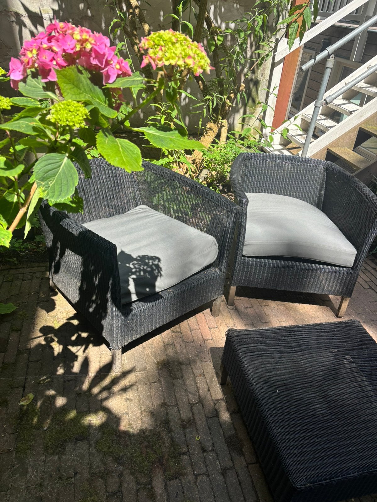 Rotan kunststof tuinset, balkon set, lounge set, antraciet, Kunststof, Zo goed als nieuw, Loungeset, Bijzettafel