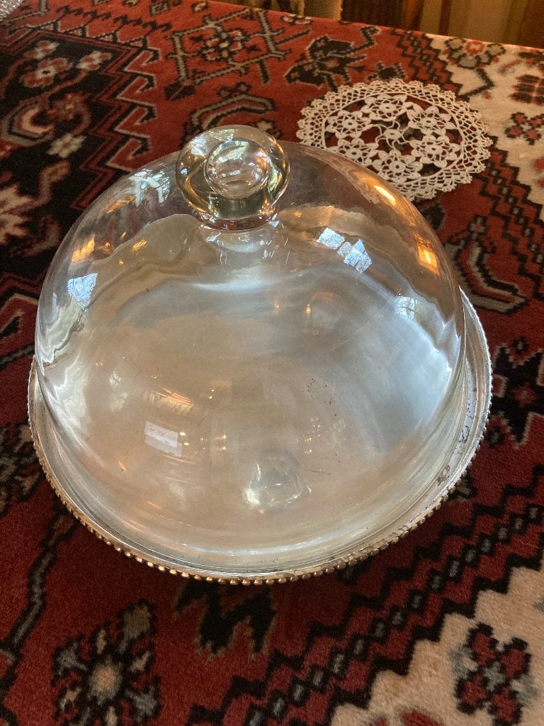 Glazen stolp op verzilverde schaal, Antiek en Kunst, Antiek | Glas en Kristal, Ophalen of Verzenden