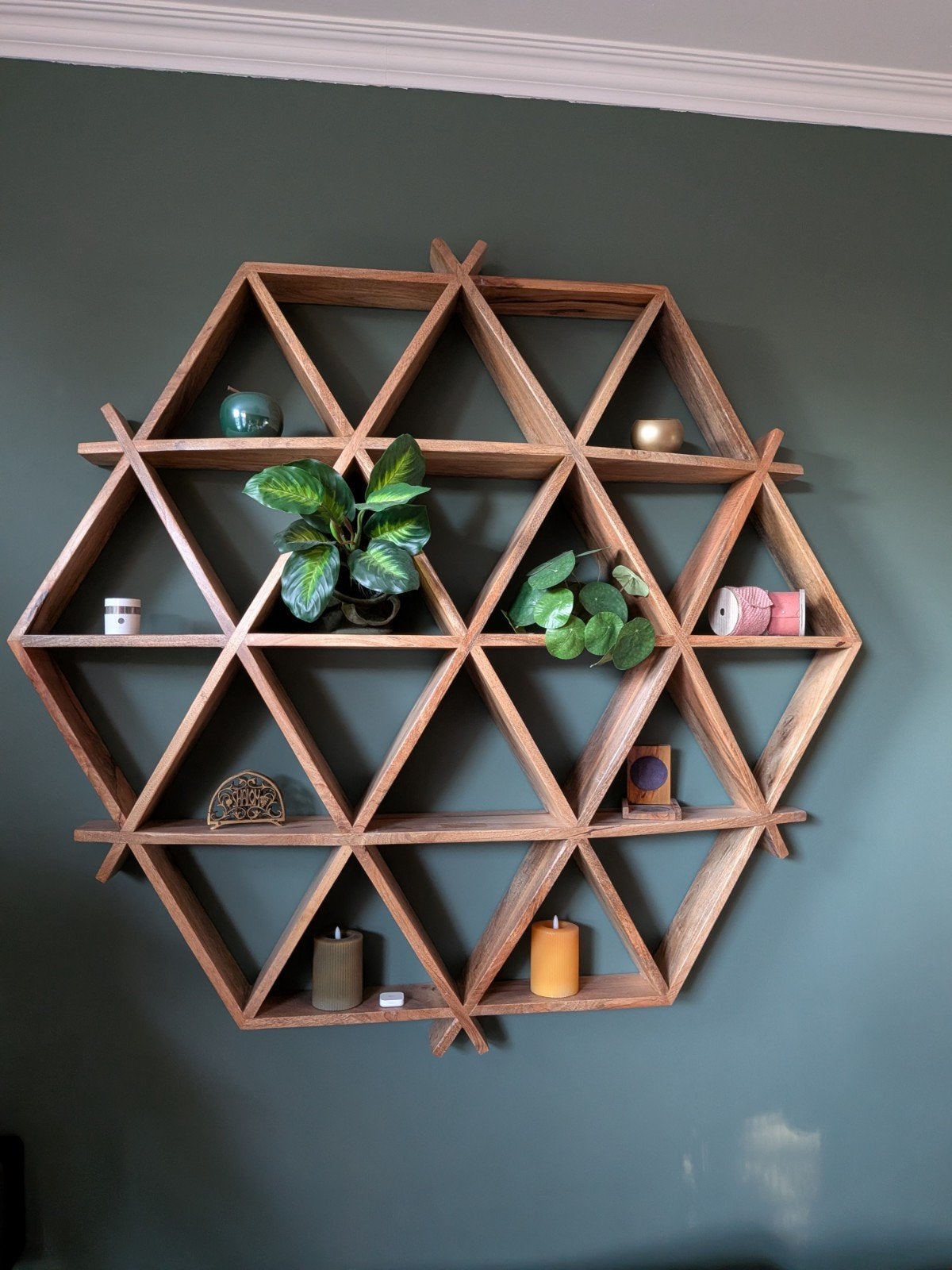 Unieke Hexagon Houten Wandplank - Geometrisch Design, Huis en Inrichting, Ophalen of Verzenden, Zo goed als nieuw