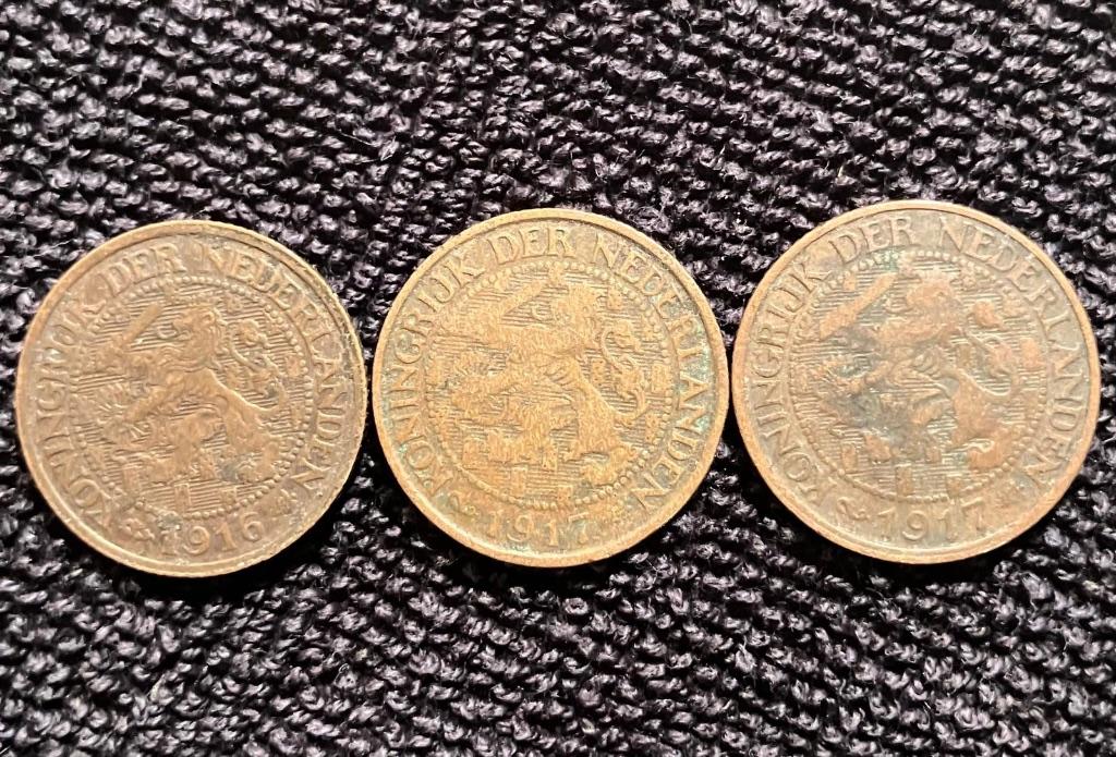 Nederlandse 1 cent munten, 1916 en 1917 (2x), Wilhelmina., Ophalen of Verzenden, Koningin Wilhelmina, 1 cent
