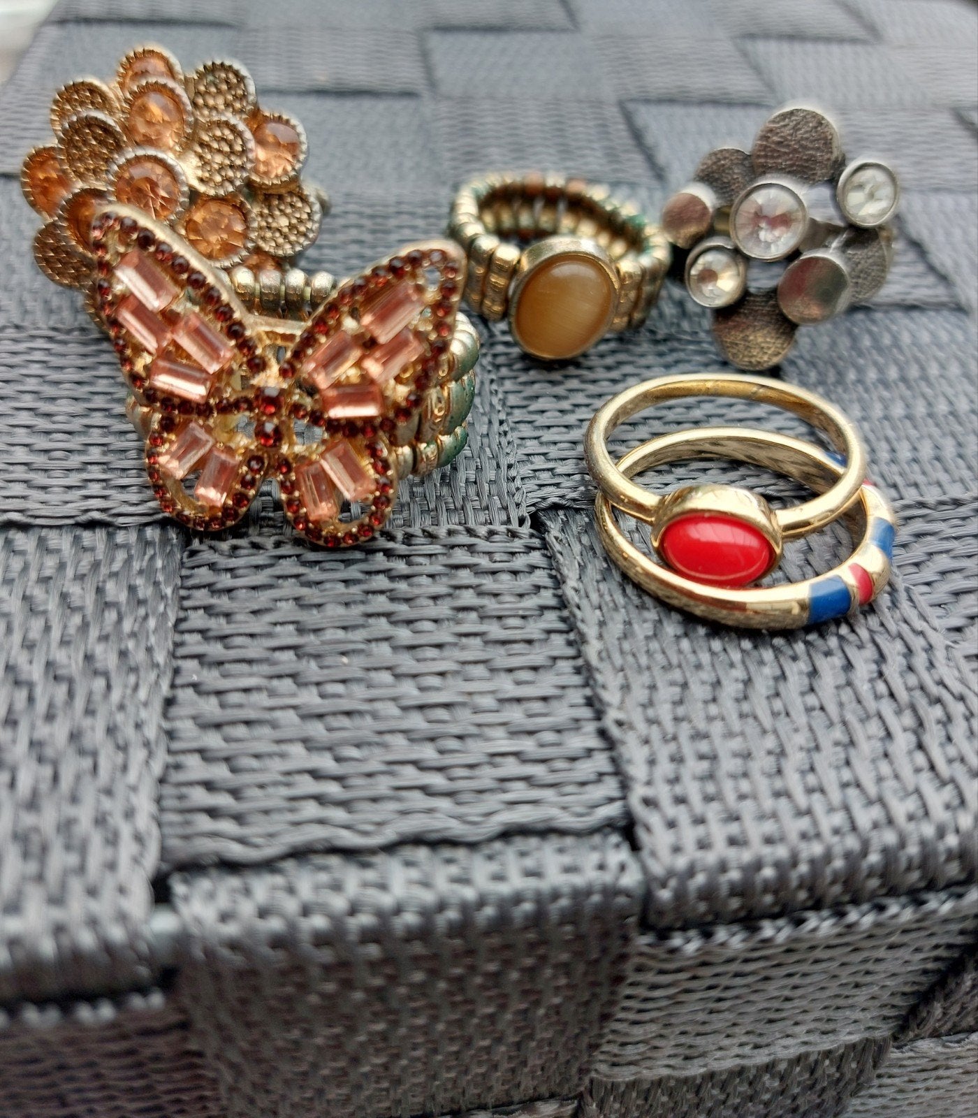 Set van 5 diverse ringen met steentjes en decoraties, Overige materialen, Gebruikt, Overige kleuren, Ophalen of Verzenden