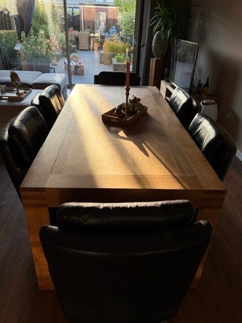 Licht eiken eettafel met 6 lederen stoelen, Ophalen, Gebruikt, 100 tot 150 cm, Eikenhout