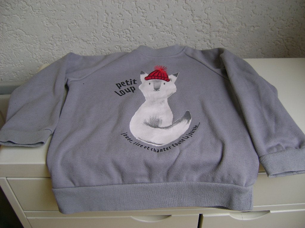 grijze jongens trui maat 116 met witte kat met rode muts, Ophalen of Verzenden, Zo goed als nieuw, Jongen, Shirt of Longsleeve