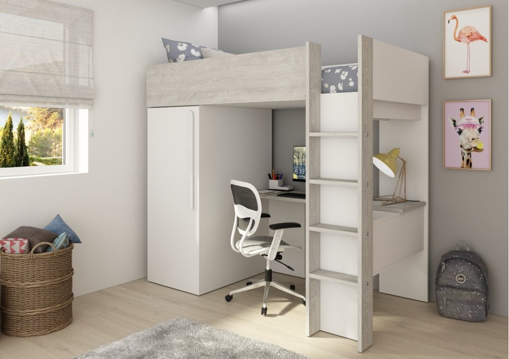 Studio 1803 hoogslaper met bureau en kast - 90x200 - Wit/cas, Niet ingevuld, Niet ingevuld, Niet ingevuld