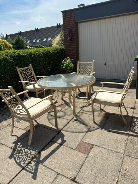 aluminium tuin set 4 stoelen m ronde glas tafel, Ophalen, Gebruikt, Aluminium