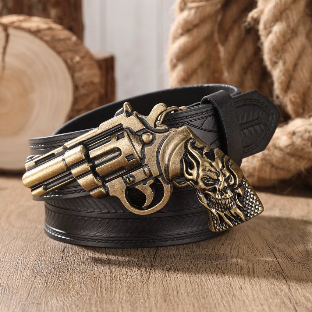 Zwarte kunstleren cowboyriem met gouden revolver, Verzenden, Zwart, Nieuw, 115 cm of meer