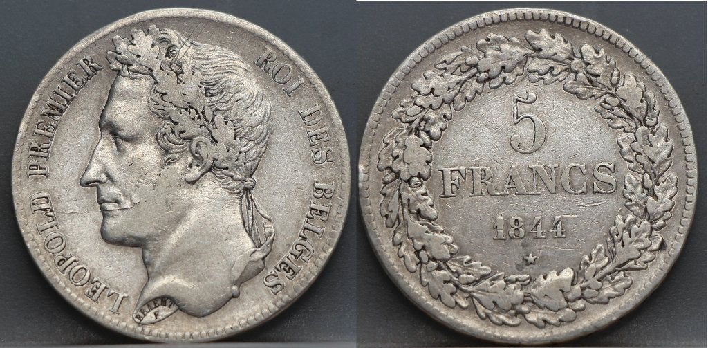 Zilveren 5 francs 1844 Belgie pos. B - zeldzaam, Zilver, Ophalen of Verzenden, Losse munt, Zilver