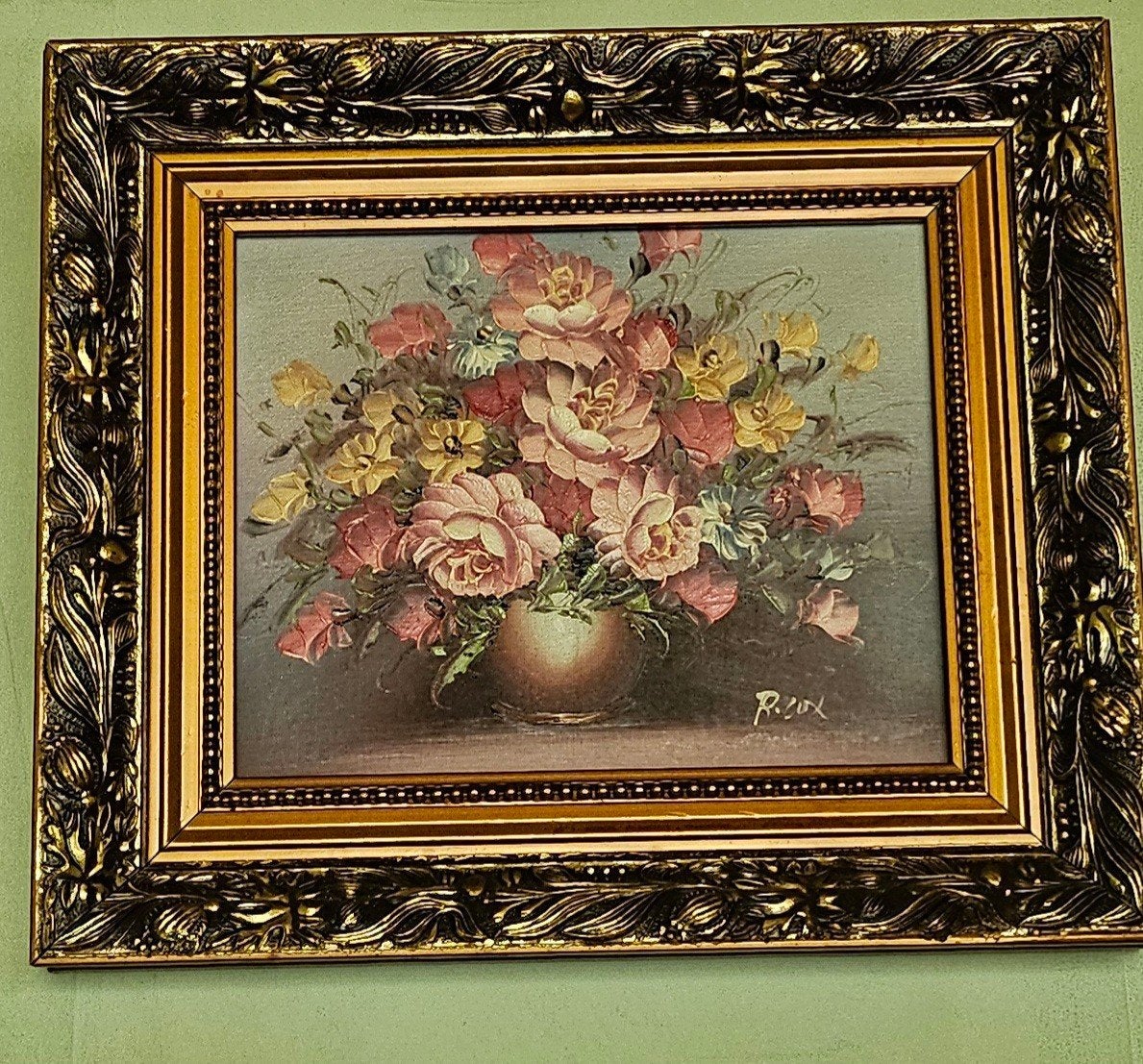 Schilderij met bloemen in vaas, gesigneerd R. Cox, Doek, Olieverf, Klassiek, Origineel werk