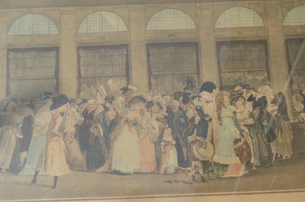 Franse gravure/ets 'The Palais Royal Gallery's Walk' 1787, Dagelijks leven, Ingelijst, Gravure, 45 cm