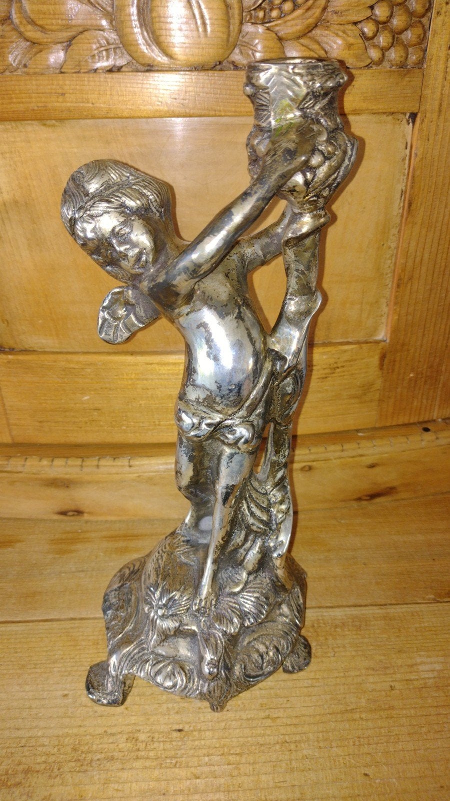 Vintage verzilverde kandelaar met cherubijn 18/19 eeuw, Antiek en Kunst, Ophalen of Verzenden, Zilver