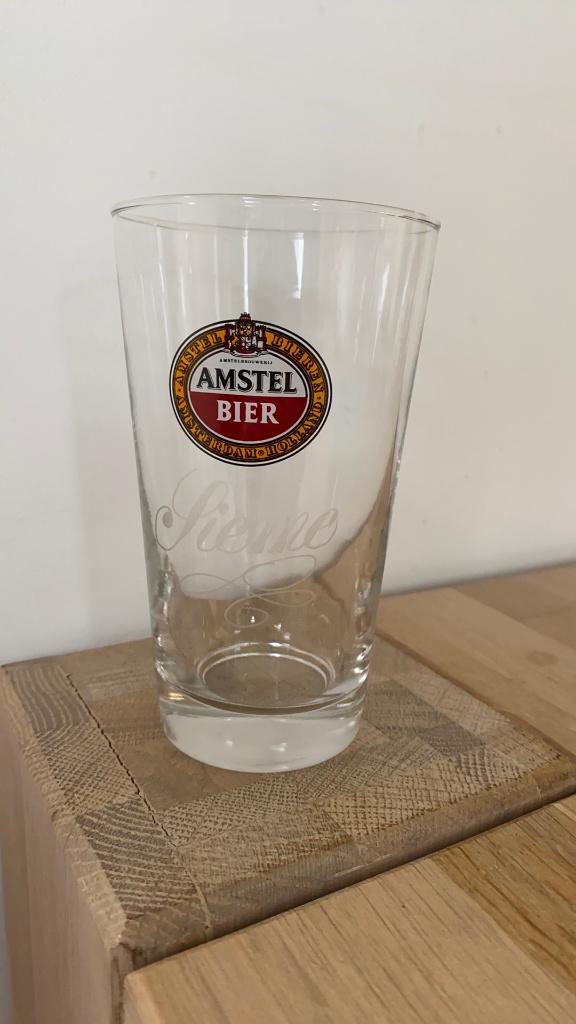 Oud Amstel bierglas met gegraveerde naam Sieme, Ophalen of Verzenden, Zo goed als nieuw, Bierglas