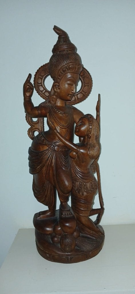 Balinees houten beeld Rama en Sita 53 cm Vintage Boho, Antiek en Kunst, Houtsnijwerk, Art deco, Brons, Op sokkel